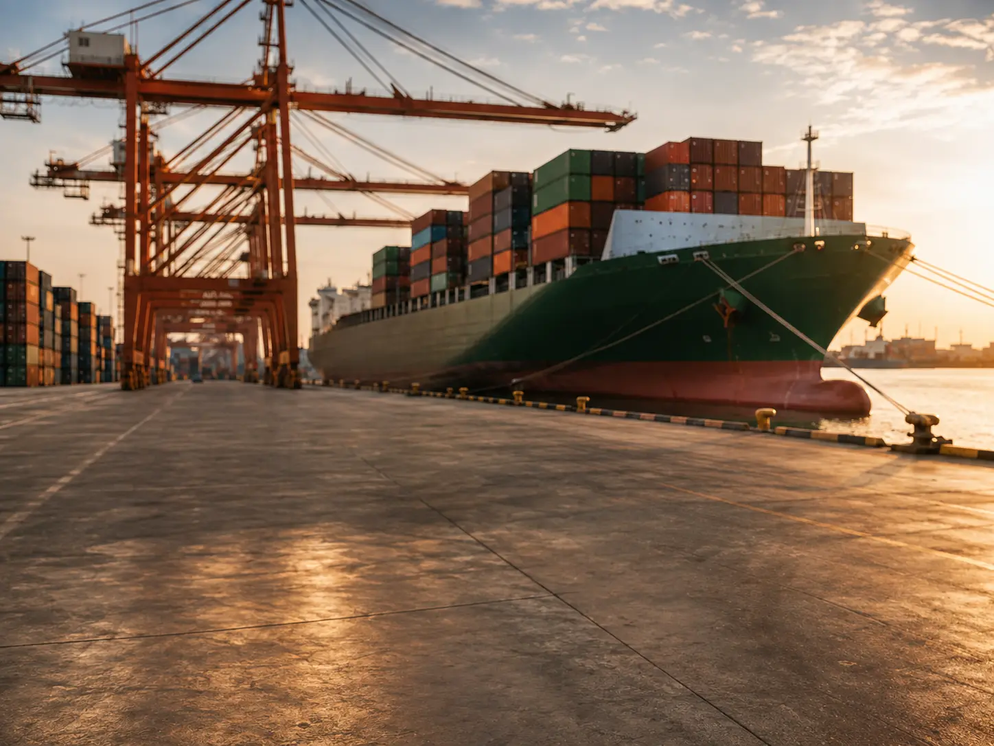 Cargo ship and shipping containers at an international port